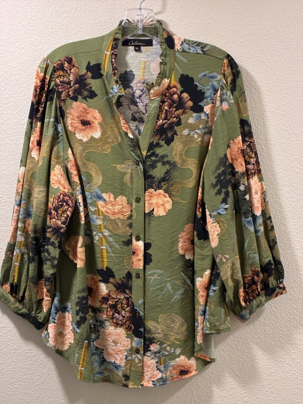 Calessa 3/4 sleeve Olive Peach Multi Asian Floral Button Front Blouse XL EUC